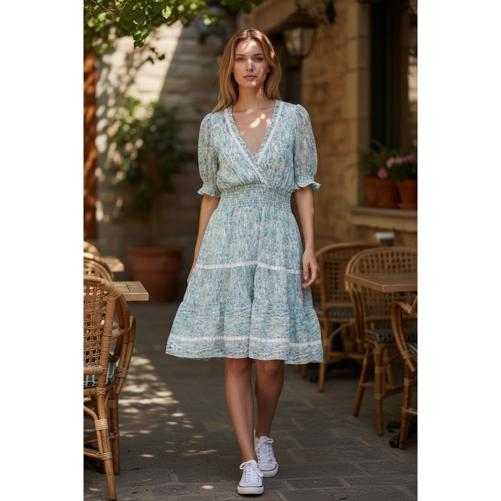 Taylor Chiffon Midi Dress Womens 8 Blue Green Smocked Tiered Lace Trim